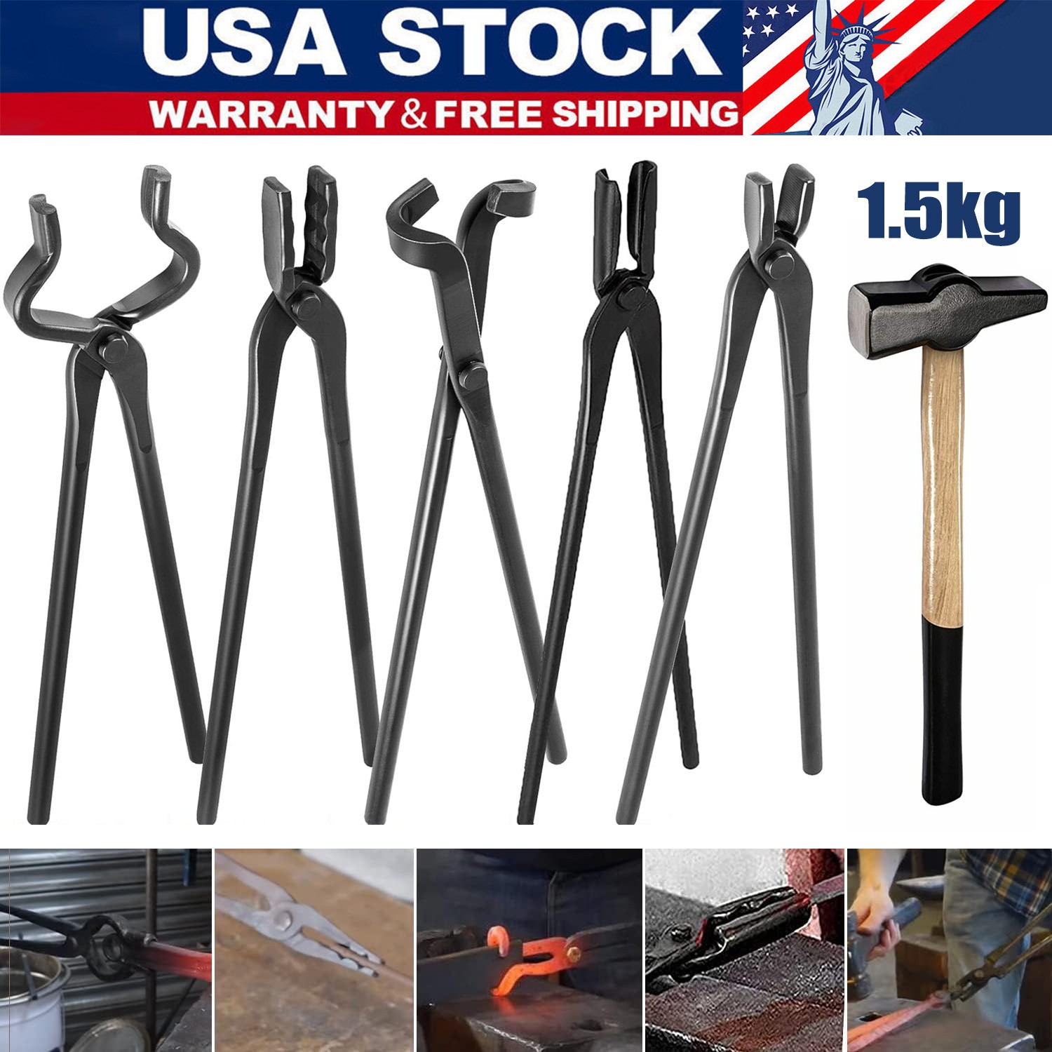 Bladesmith Knife Making Tongs Set & 1.5kg Blacksmith Hammer for Forge Anvil Vise