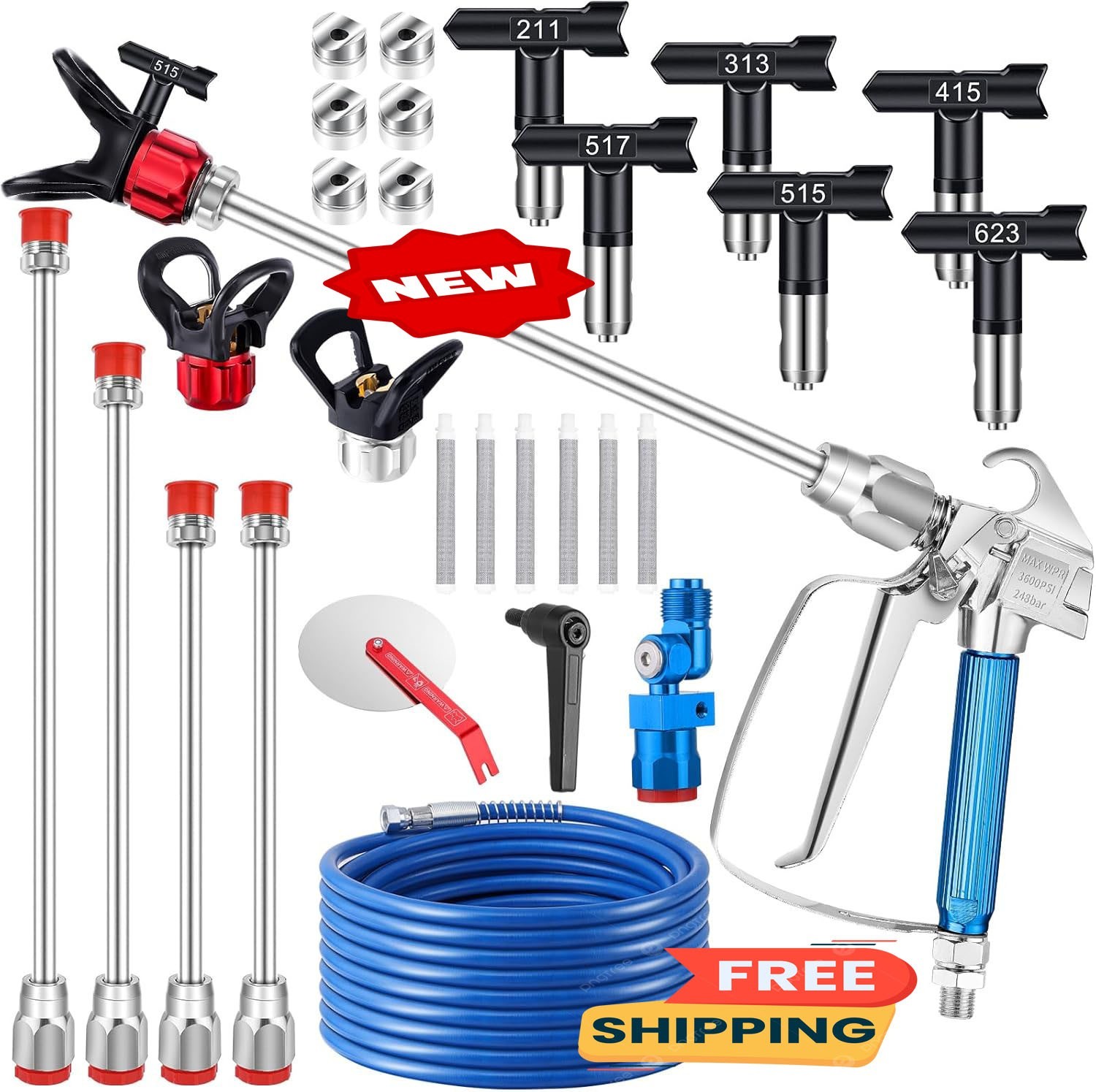 Kit de pistola pulverizadora sin aire de 22 piezas, pistola de 3600 PSI con mang