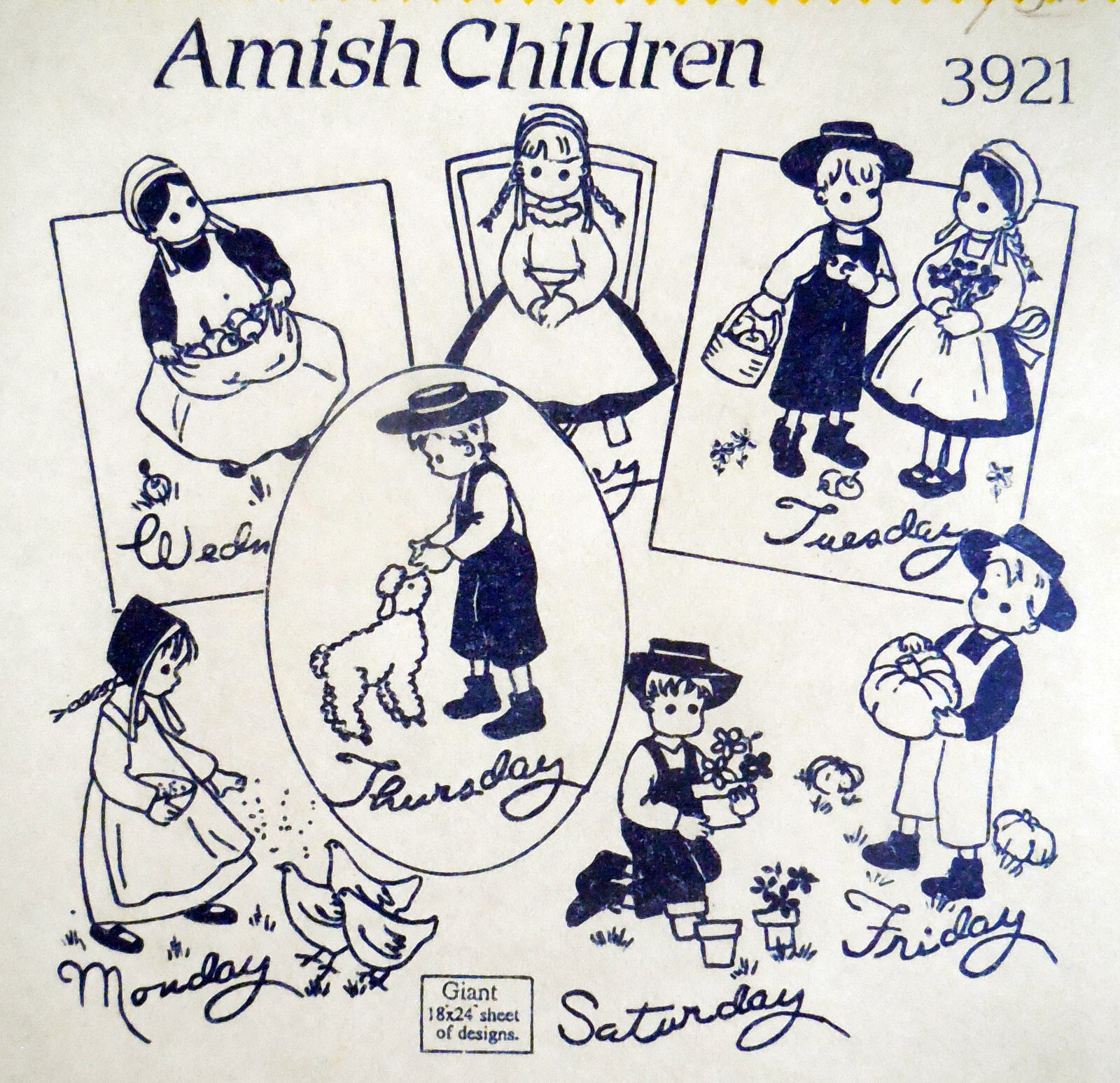 AUNT MARTHA'S HOT IRON TRANSFERS #3921 AMISH CHILDREN DAY-OF-WEEK EMBROIDERY NEW