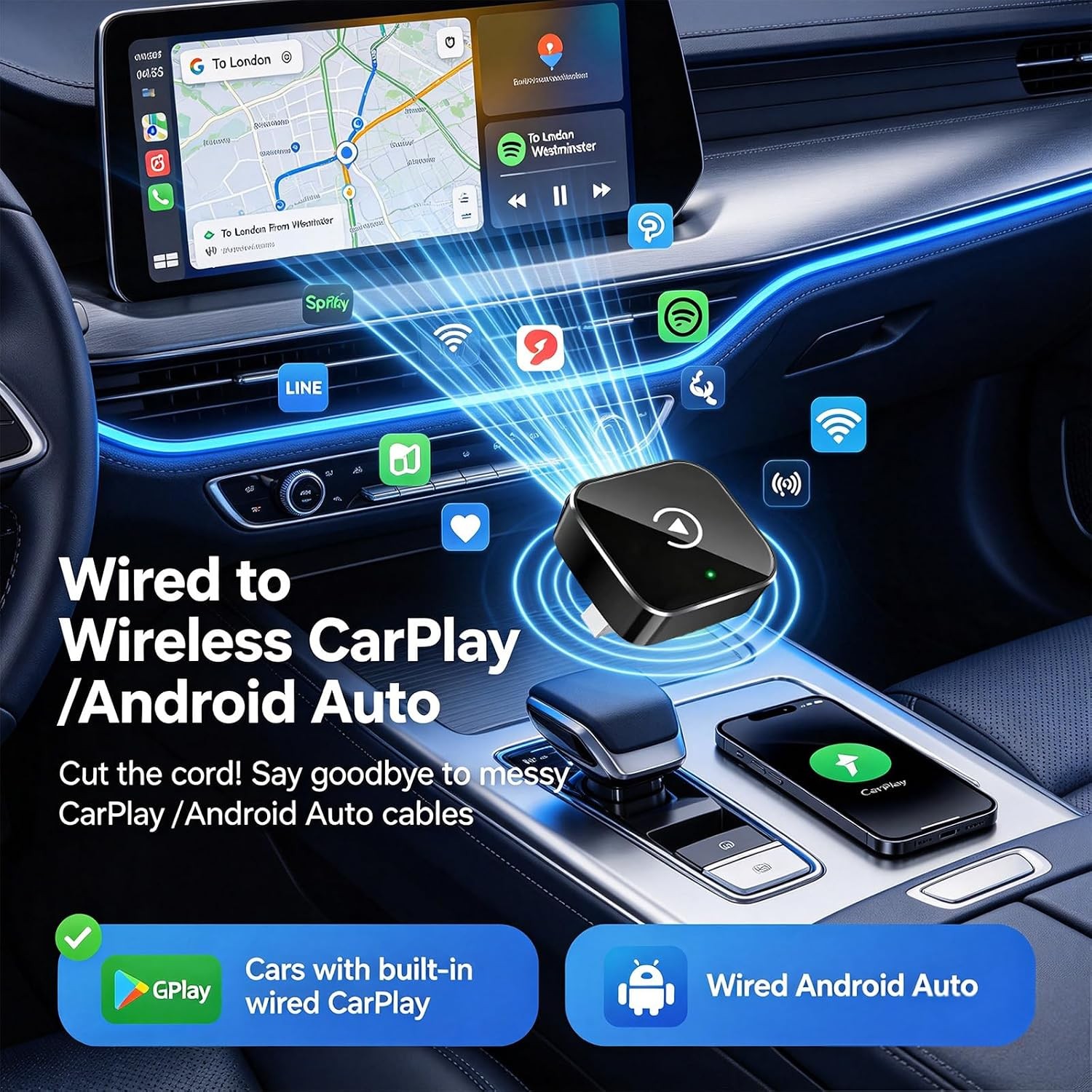 Wireless CarPlay Android Auto Adapter 2-in-1 Convert Wired to Wireless USB