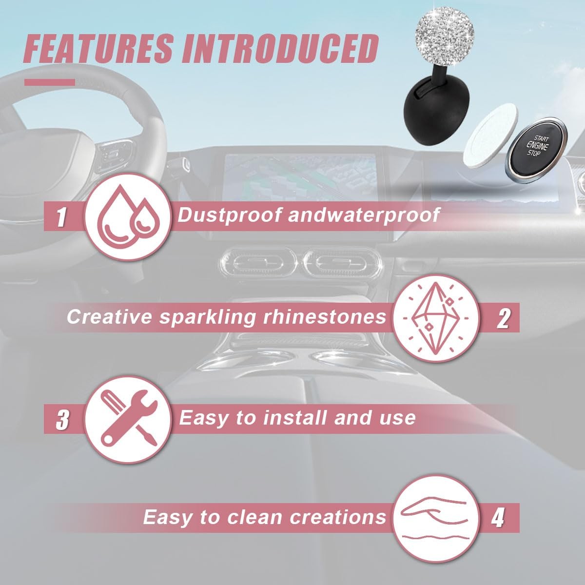 Car Push Start Button Cover, Rhinestone Engine Start Stop Button Joystick Cov...