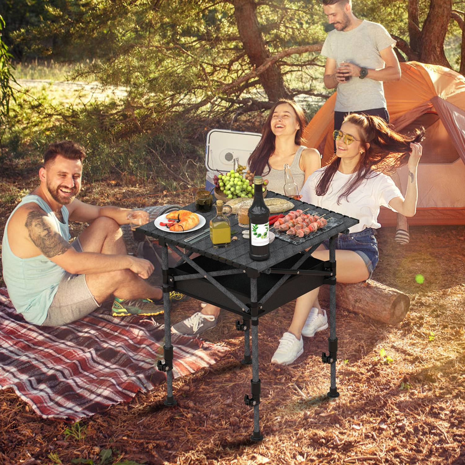 Portable Folding Camping Table with Adjustable Height Legs Hanging Net Rustproof