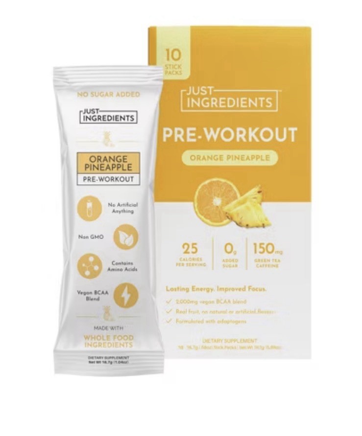 *2*JUST INGREDIENTS Pre-Workout Sports Drink Powder Packet Orange Pineapple-10ct