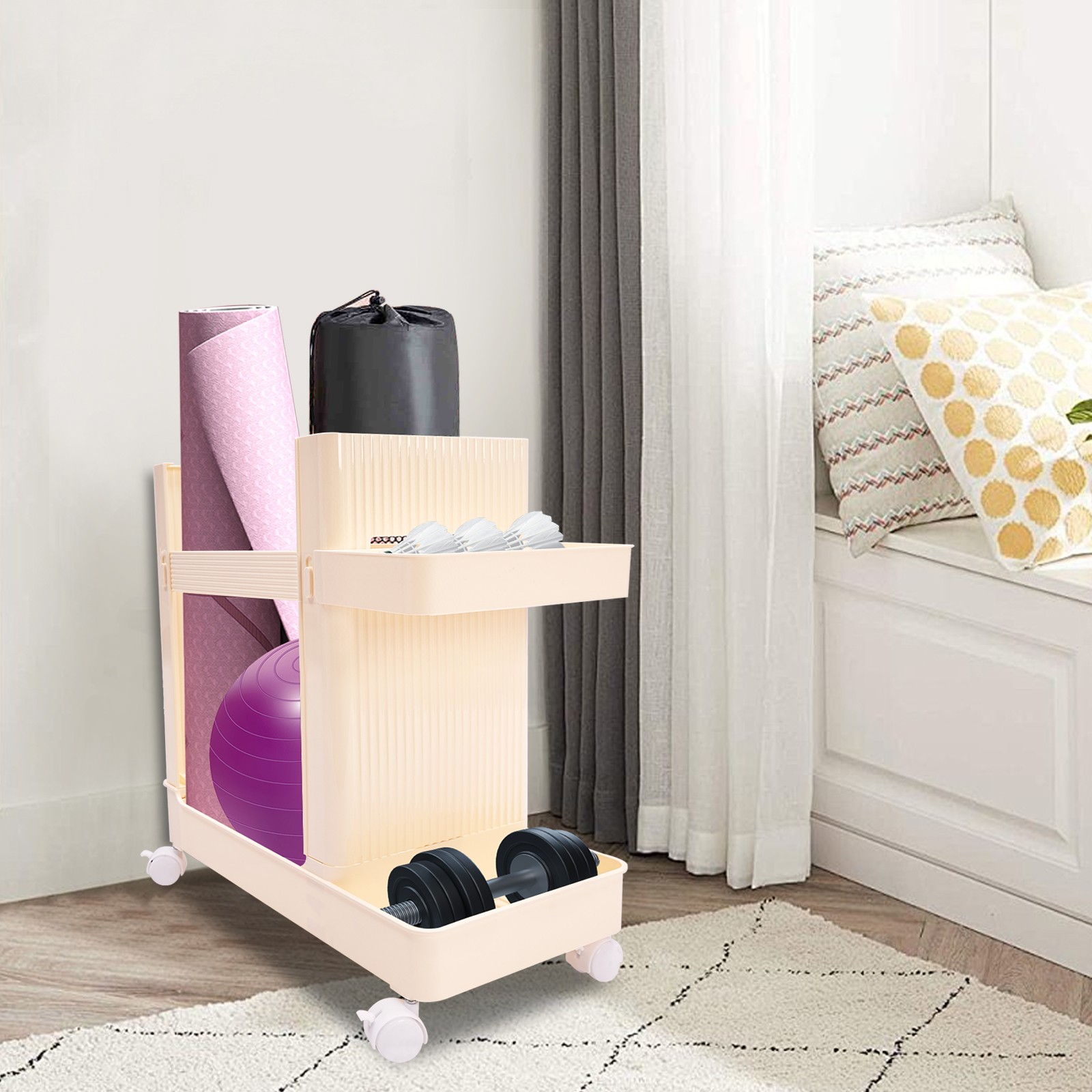 Multi-functional Storage Stand w/Wheels Rolling Workout Equipment Storage Rack