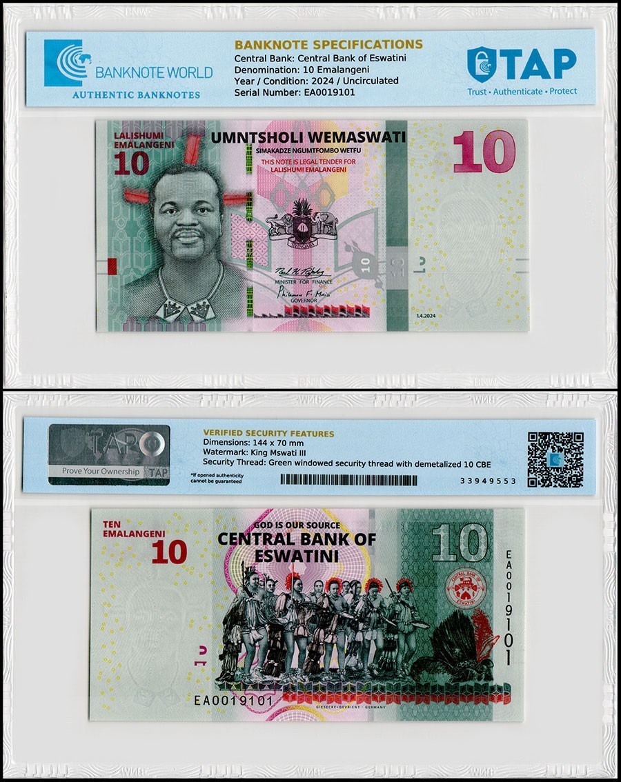 Eswatini - Swaziland 10 Emalangeni, 2024, P-A44, UNC, TAP Authenticated