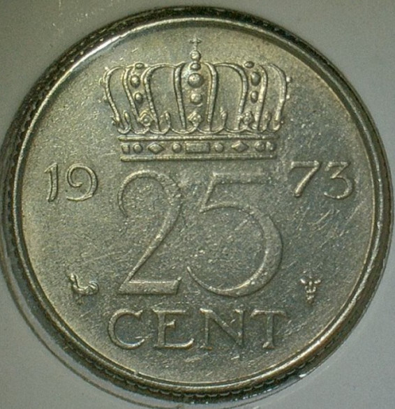 WORLD COIN SALE-1973 NEDERLANDS  25 CENT-NICKEL COMPOSITION COIN-KM# 183
