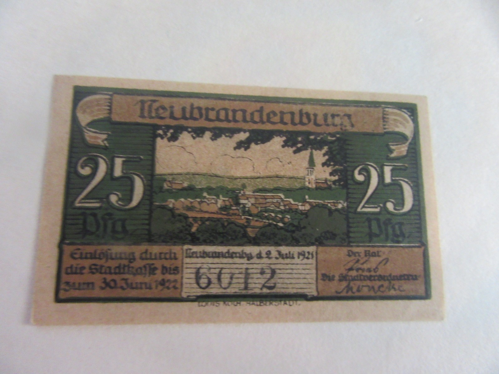 German Notgeld 25pf Note City Of Neubradenburg Uncirculated Condition 1921