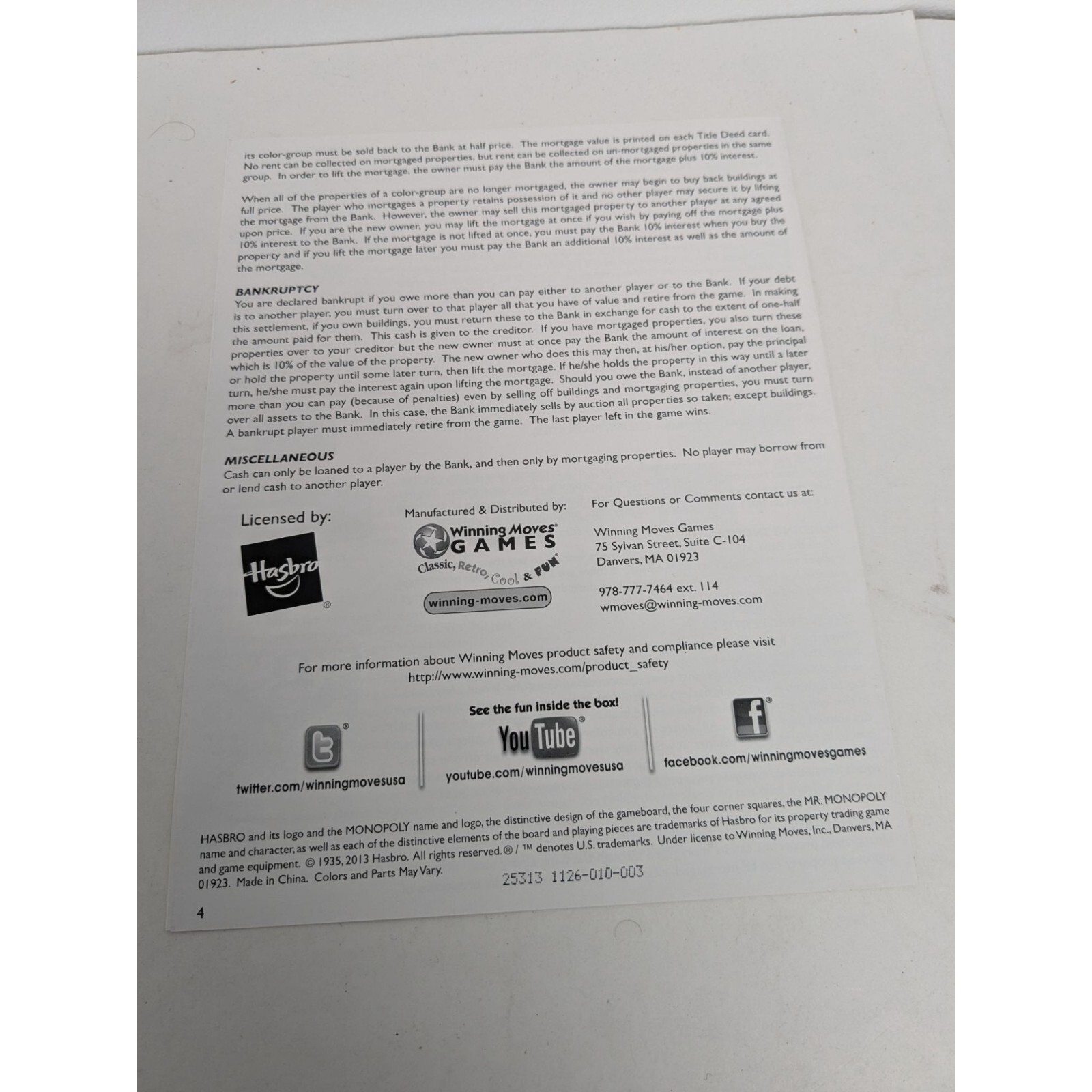 2013 Monopoly Classic Edition Game Replacement Board Instructions