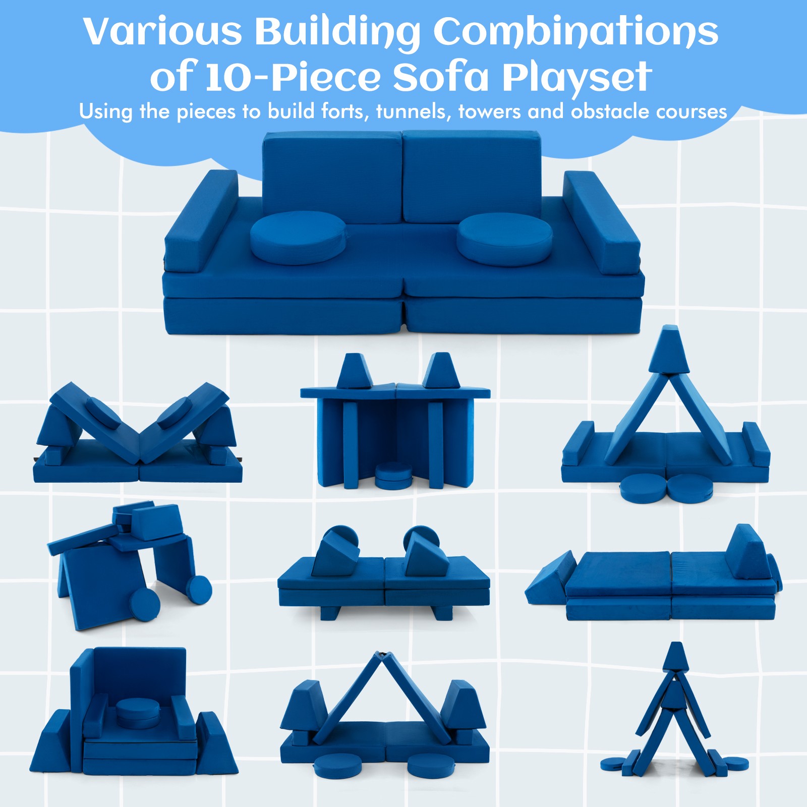 10 PCS Kids Play Sofa Set Modular Convertible Foam Folding Couch Toddler Playset