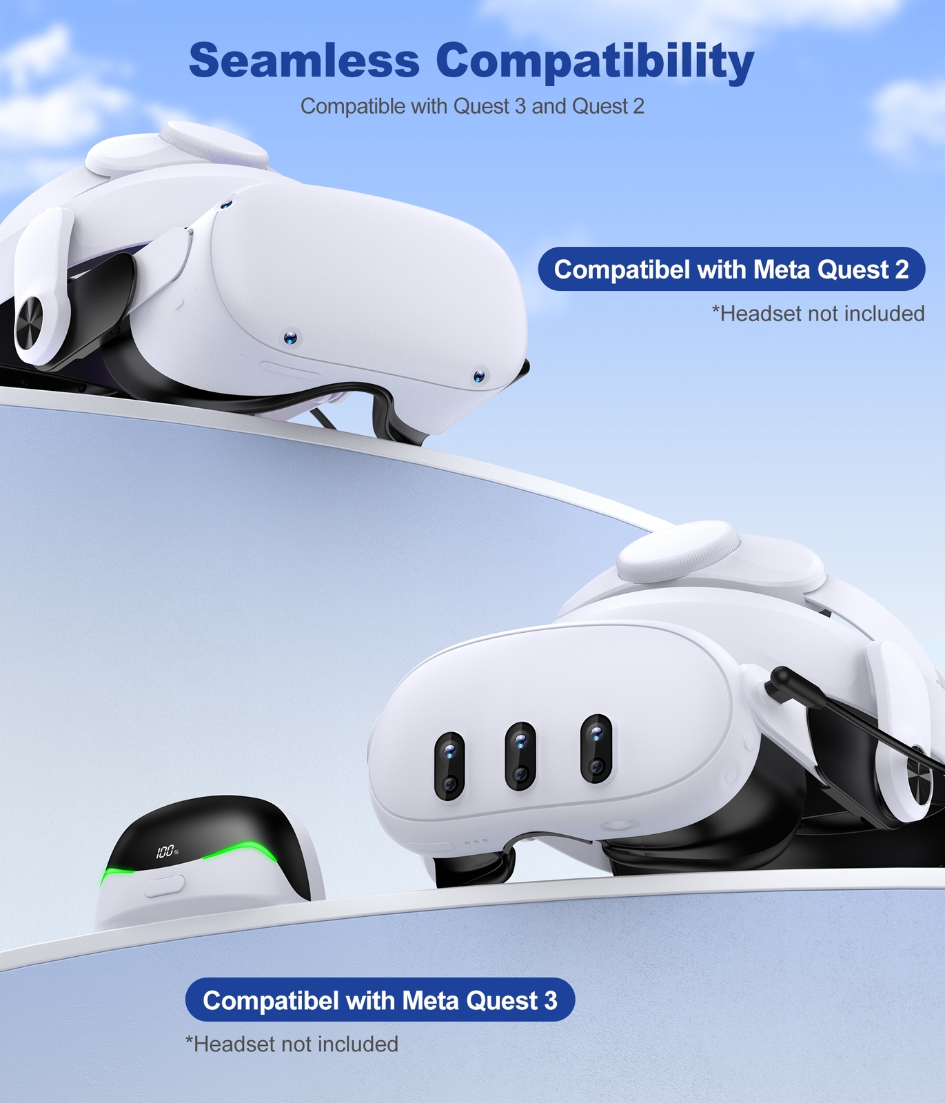 Comfort Battery Head Strap for Quest 2/3, Hot-Swappable Battery Pack LED Display