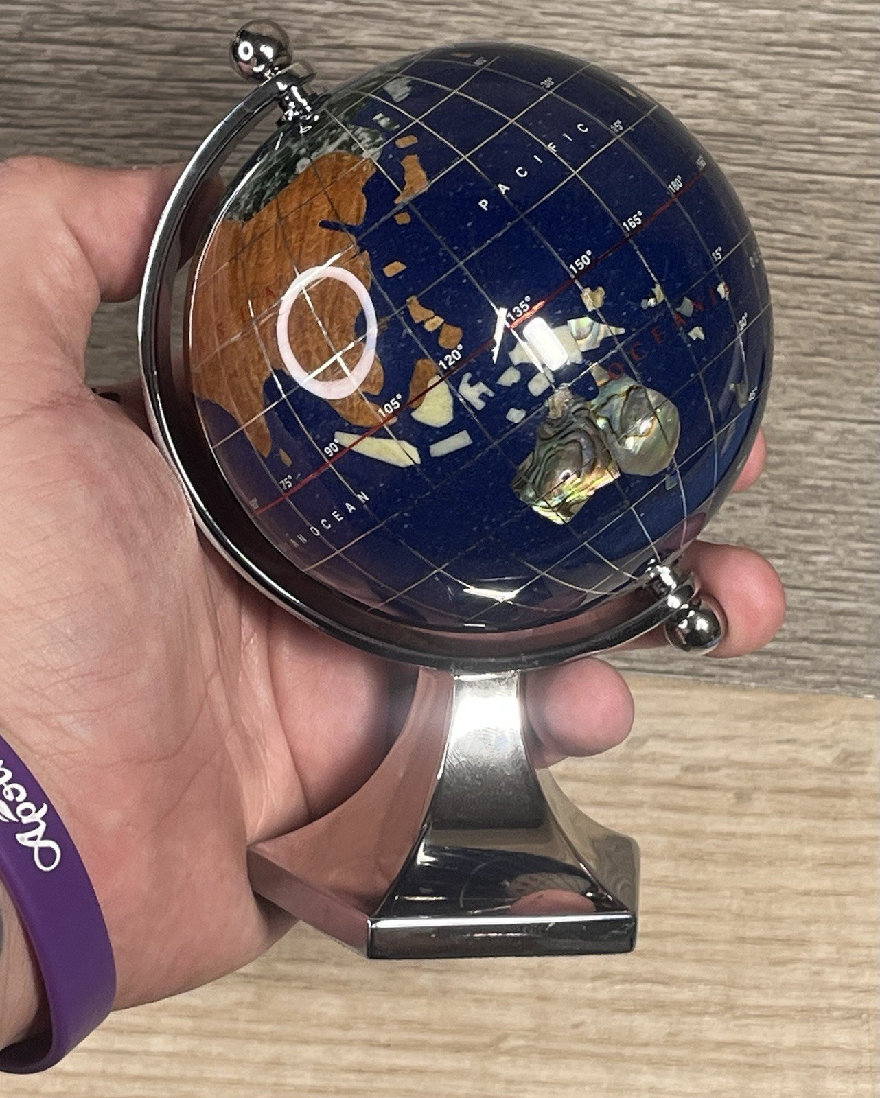 GEMSTONE MINI WORLD GLOBE Semi-Precious Inlay Chrome Stand 5.5" Tabletop Decor