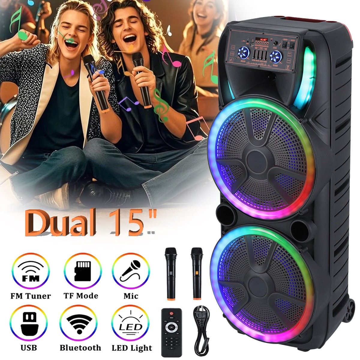 Dual 15" Portable Party Speaker Rechargeable Heavy Bass Bluetooth Karaok TWS USB