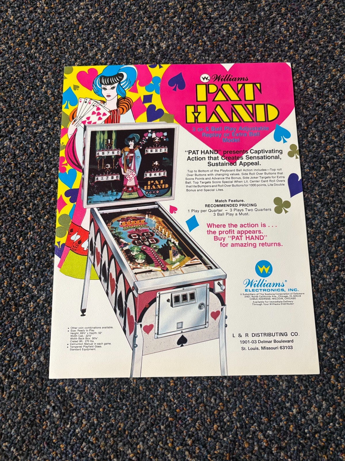1975 FACTORY ORIGINAL WILLIAMS PAT HAND PINBALL ONE SIDED PROMO FLYER NEW