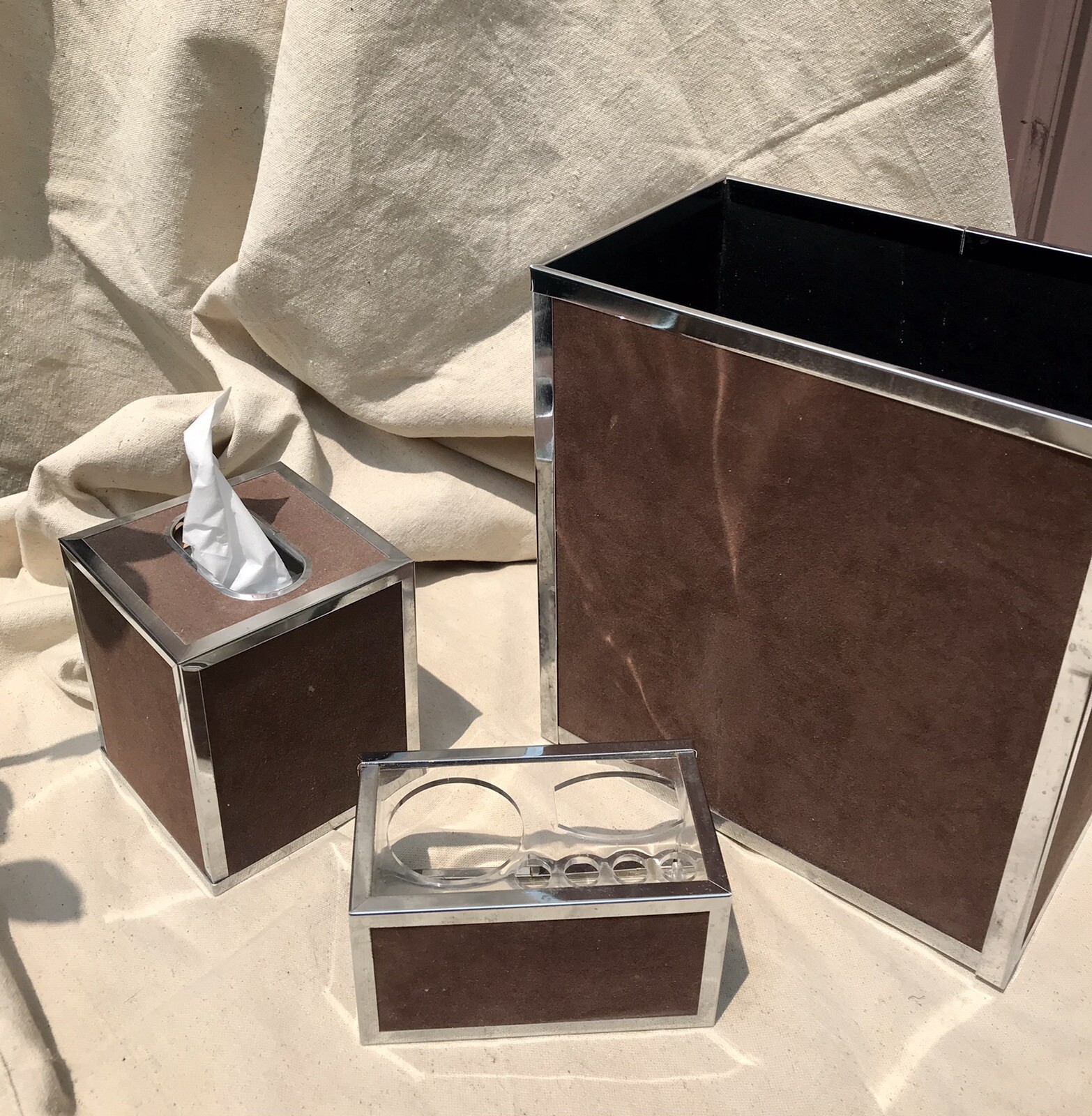 MCM Chrome Suede Wastebasket Tissue Makeup Holder Set Stylebuilt Accessories
