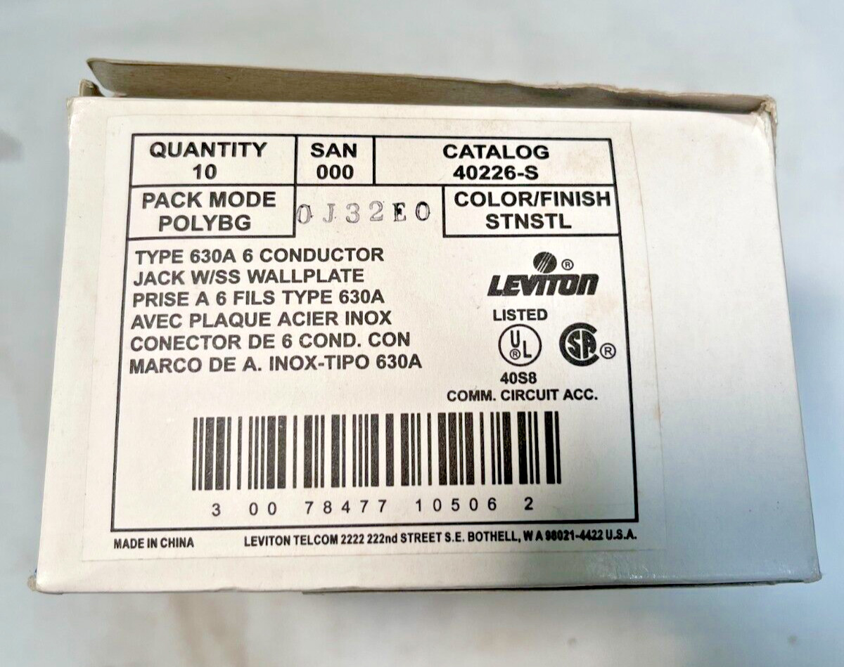 Box of (10) Leviton 40226-S Type 630A 6 Conductor Jack w/ Stainless Wall Plate