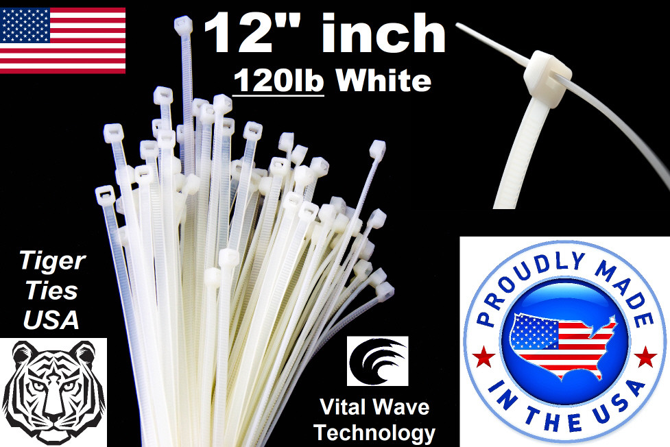 100 White 12" inch Wire Cable Zip Ties Nylon Tie Wraps 120lb USA Made Tiger Ties