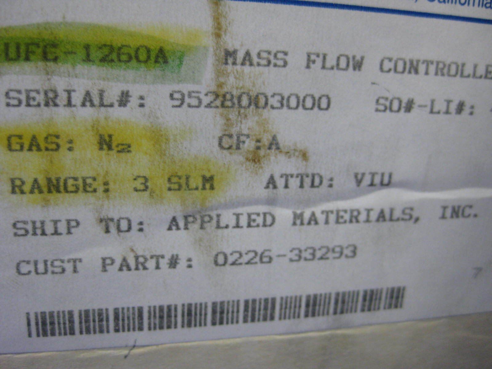 Unit UFC-1260A Mass Flow Controller, N2, 3SLM, Refurbished