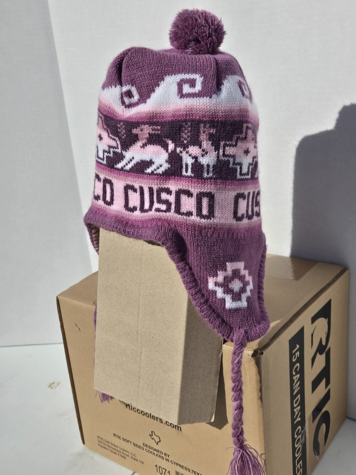 Peruvian Cusco Purple Knit Aviator Ear Flap Ski Hat Animal Print Braided Tassel