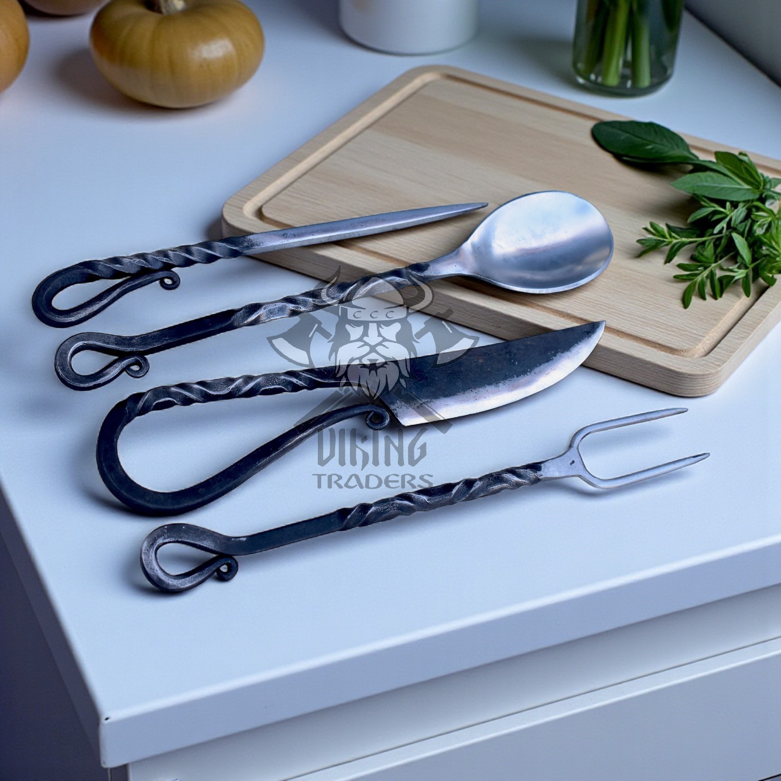 Hand Forged Medieval Half Polish Cutlery Set Knife , Spoon , Fork , Food  Stick