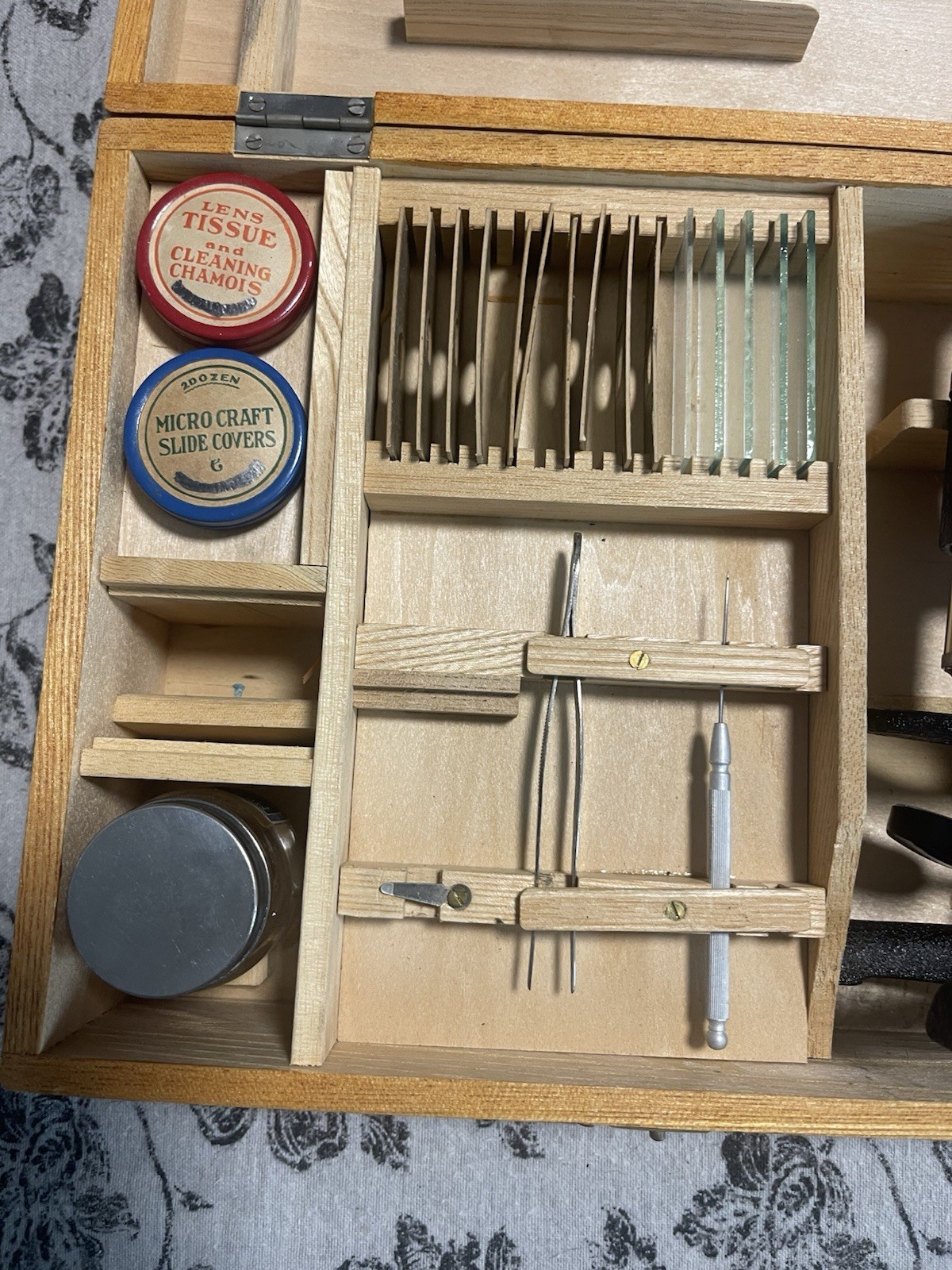 Vintage Microscope Kit w/ Slides Tools Wooden Box Complete As-Is