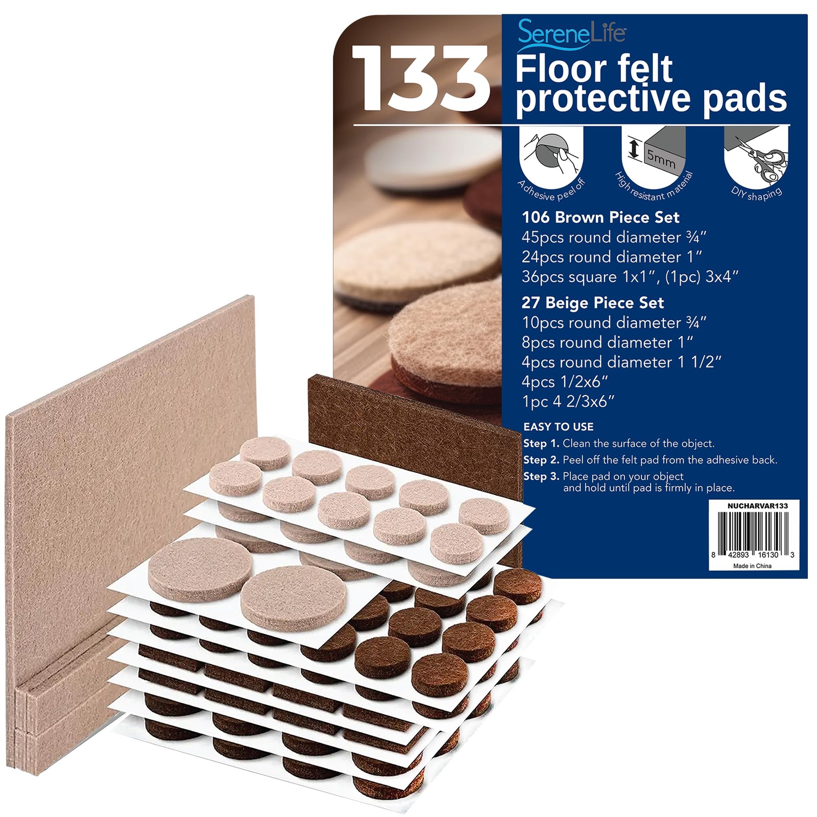 133 Piece Felt Furniture Pads Set for Floor Protection Noise Reduction and Cu...