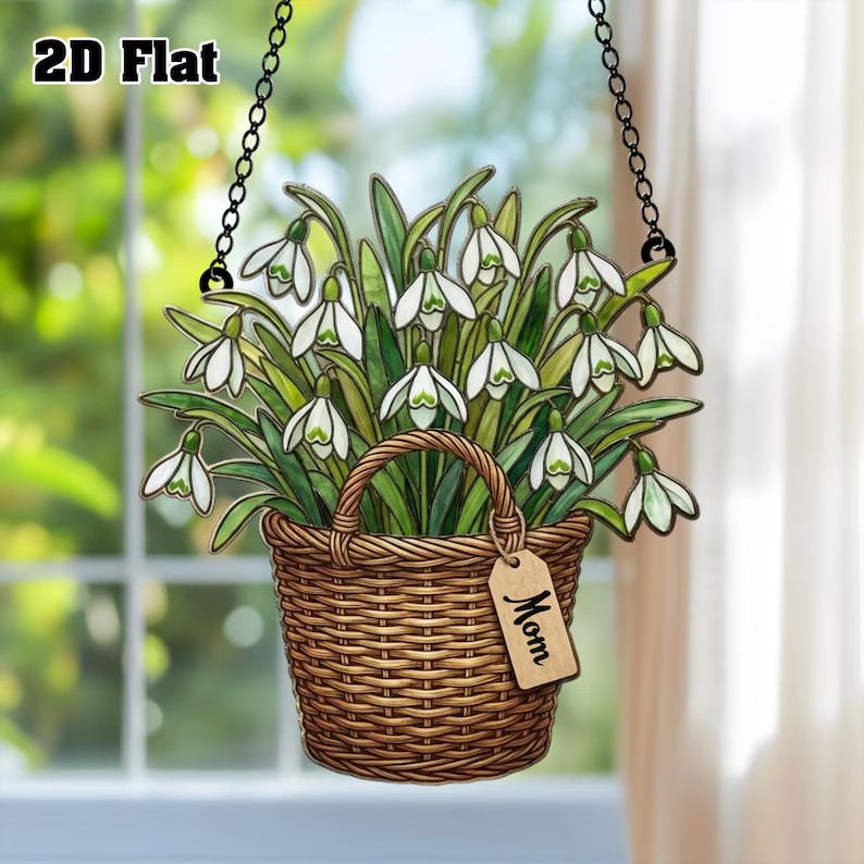 Snowdrop Flower Basket Suncatcher Acrylic Window Decor Gift