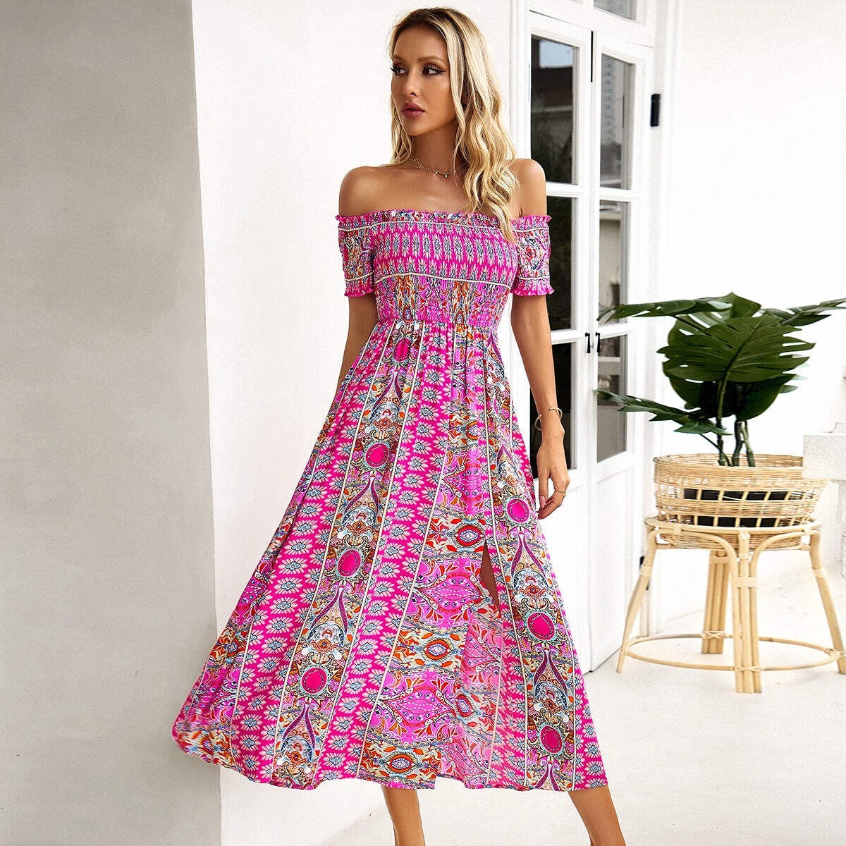 Spring/Summer One Shoulder Bohemian Split hem Dress