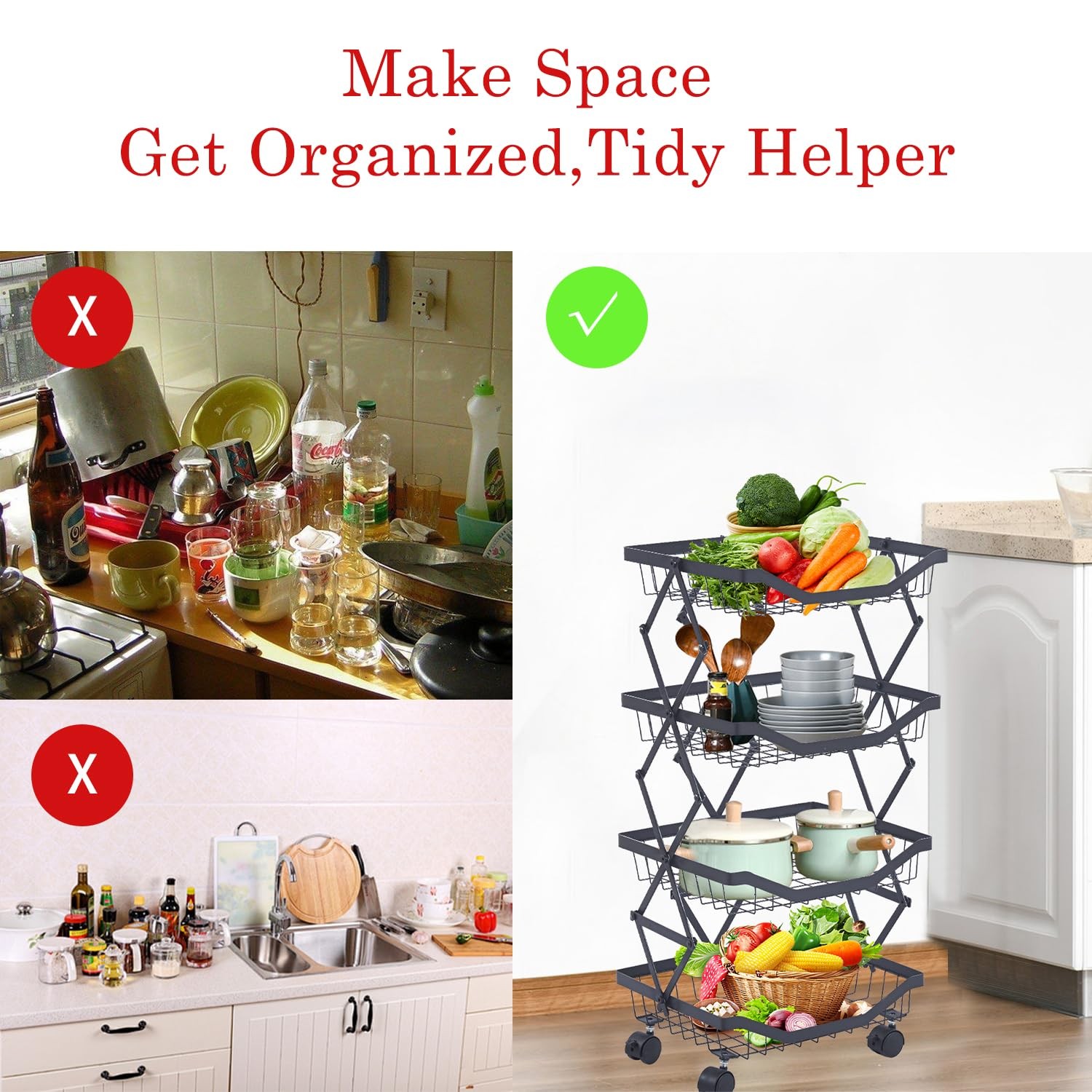 4 Tier Fruit Basket for Kitchen Stackable Metal Wire Fruit Vegetable Basket w...