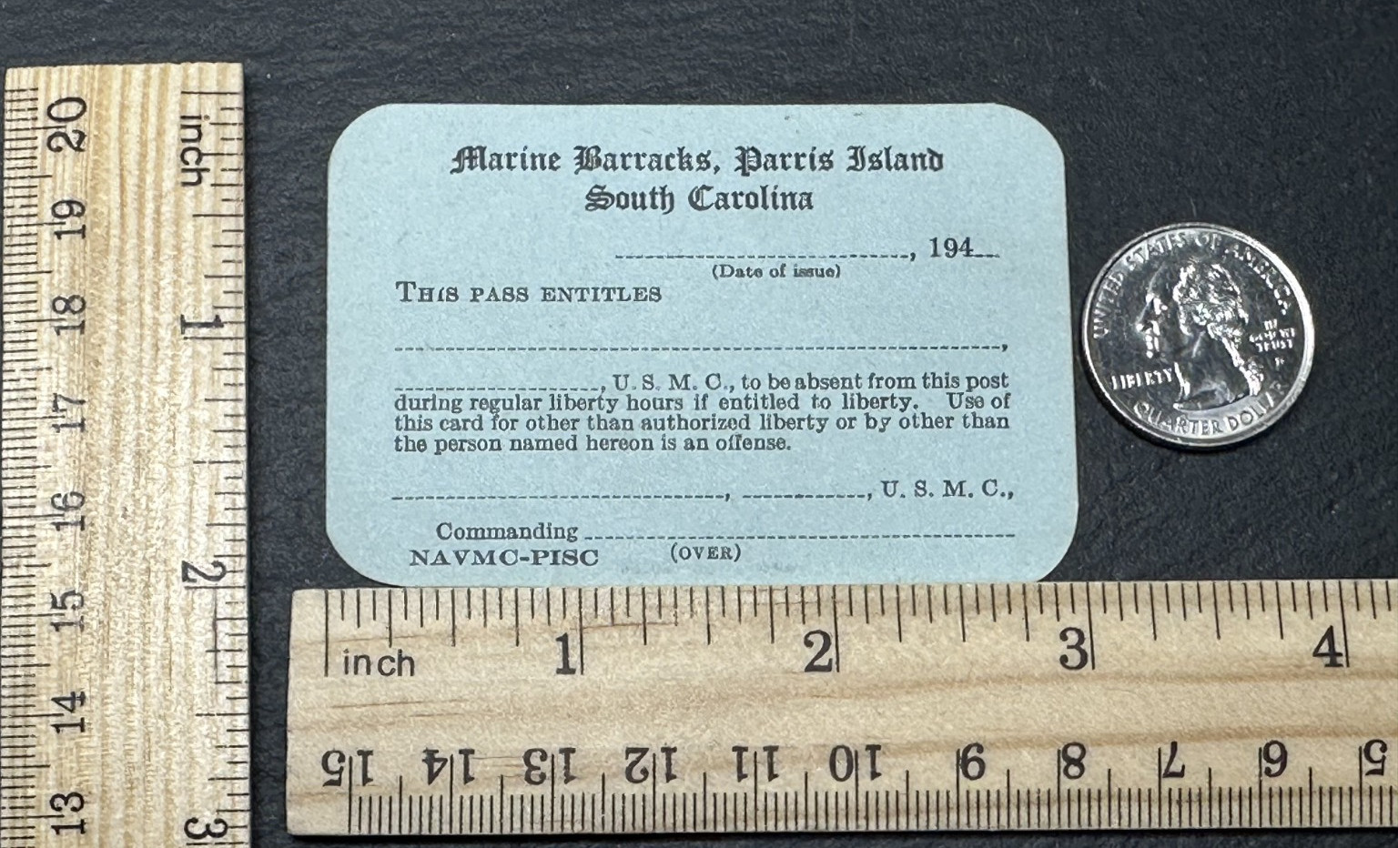 UNUSED 1940'S MARINE BARRACKS PARRIS ISLAND SC BLANK PASS FP316