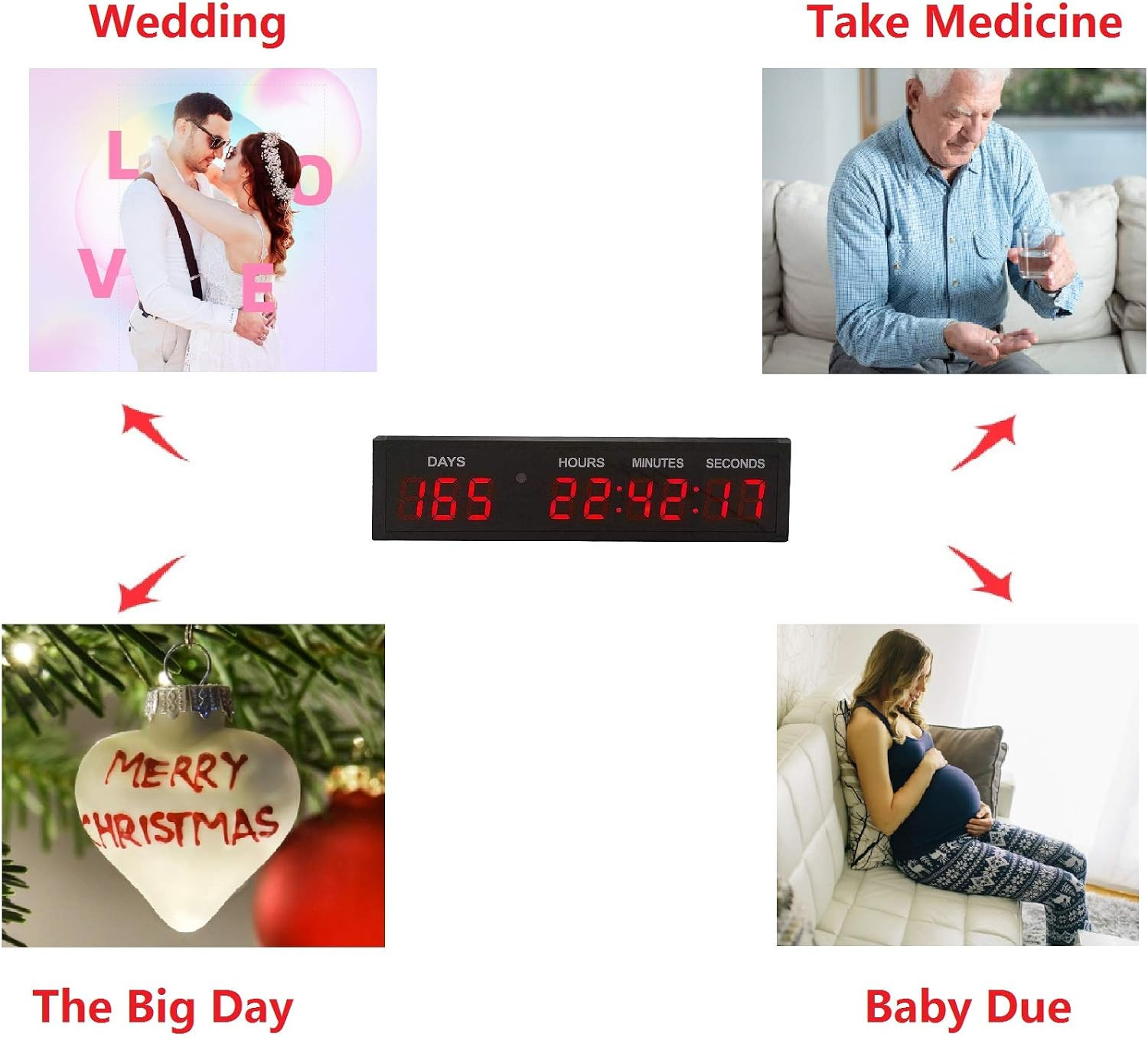 Red 1.8 9Digits Large LED Countdown Count Up Days Clock with Remote Christm