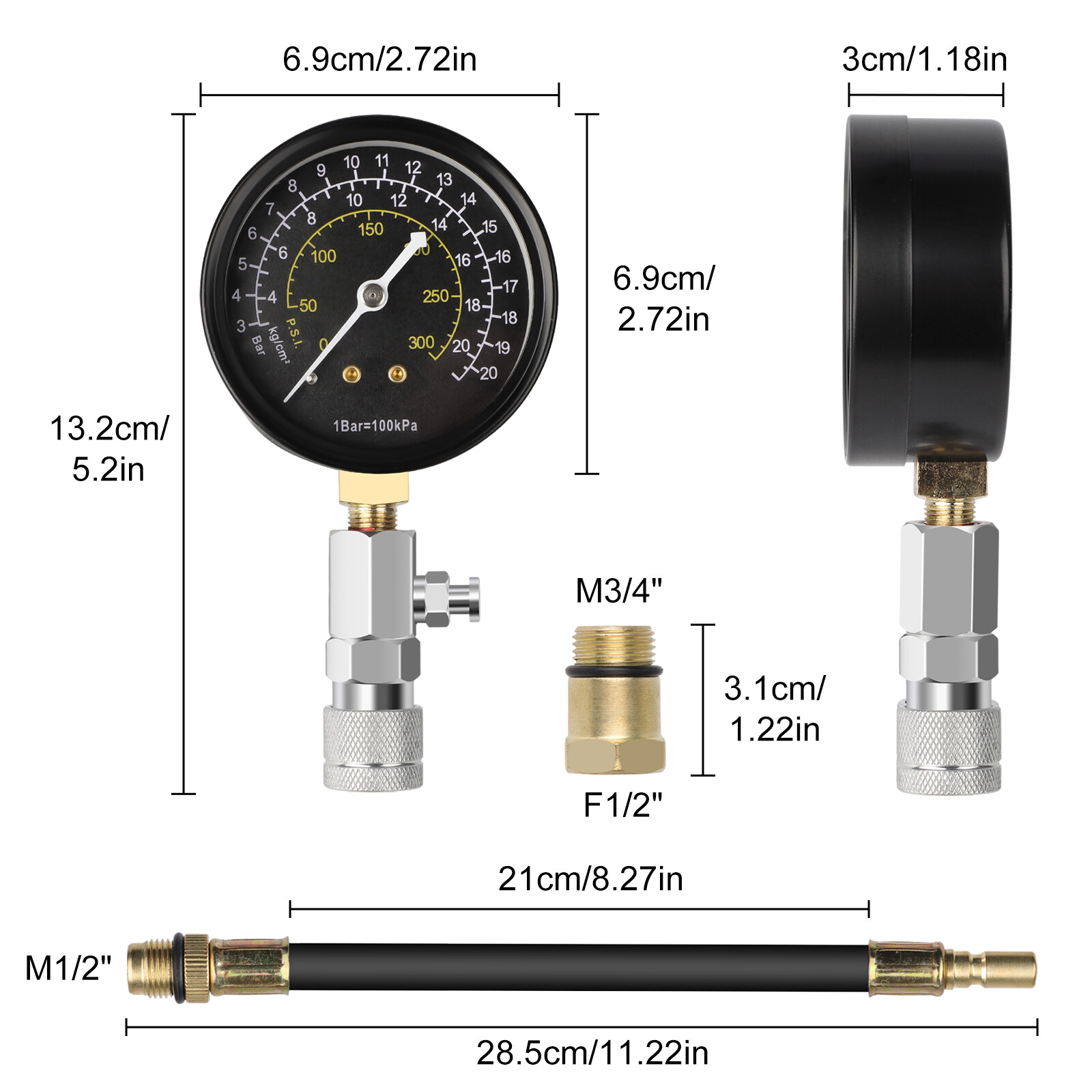 Engine Compression Tester Testing Gauge Gage Check Test Tool Kit with Hose 20bar