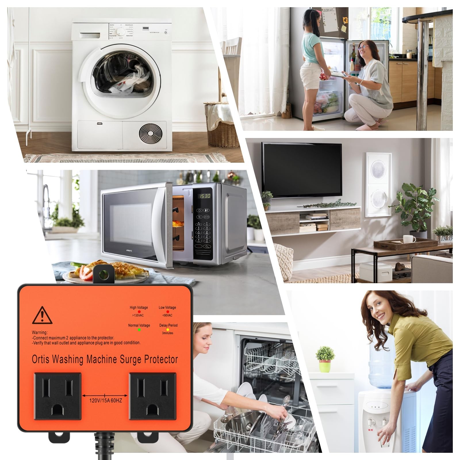 Washing Machine Surge Protector, Ortis Double Outlet Voltage Protector Orange