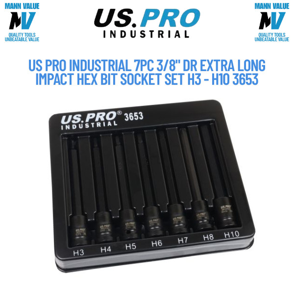 US PRO Industrial 7pc 3/8" DR Extra Long Impact Hex Bit Socket Set H3 - H10 3653