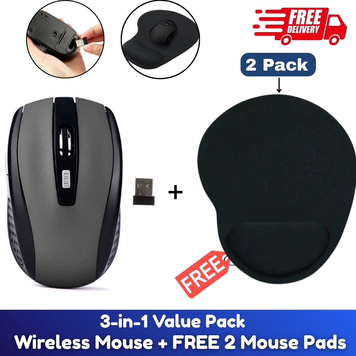 3 in 1 Wireless Optical Mouse USB Receiver Ergonomic Mouse Pad Set for PC Laptop