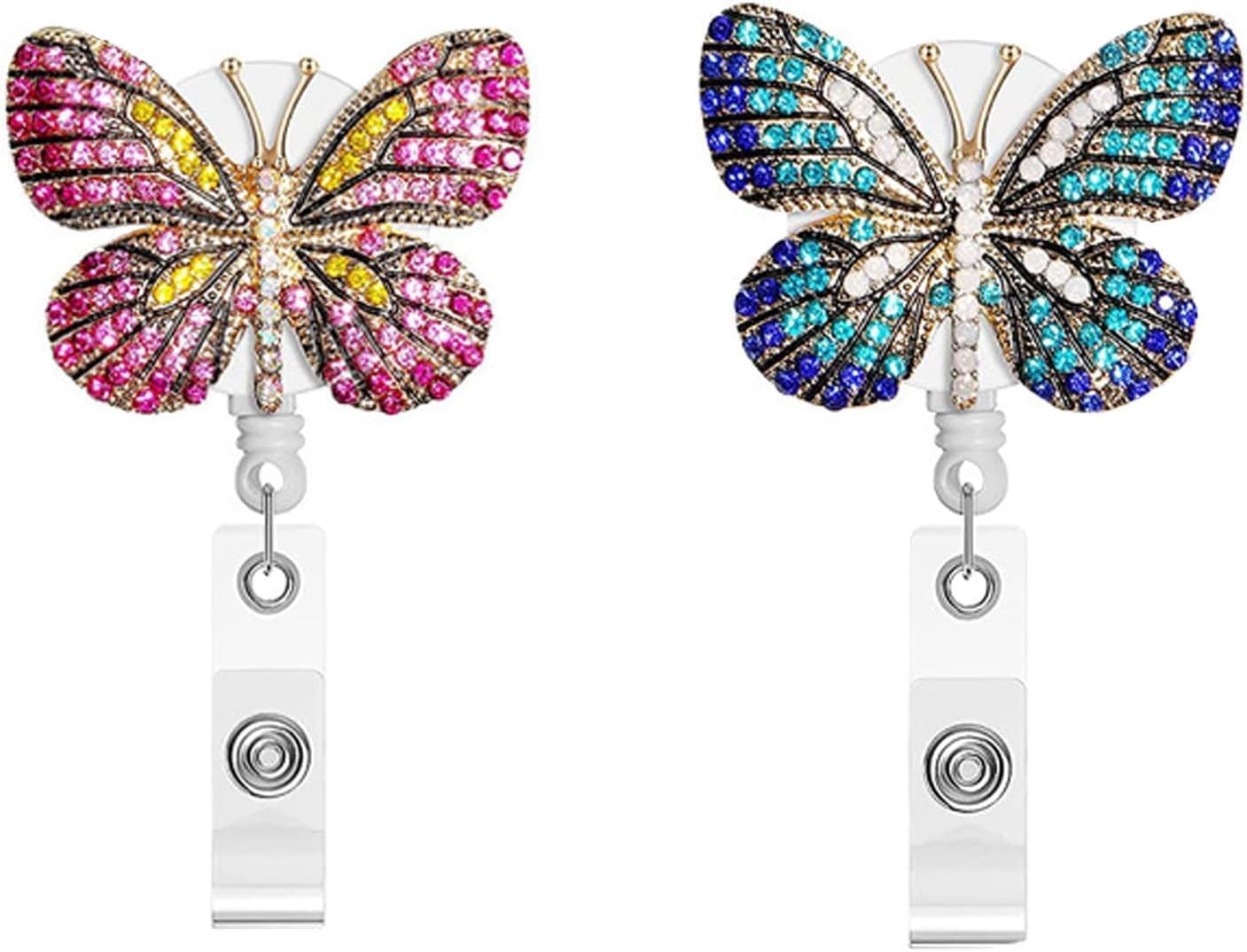 2Pcs Fashion Retractable Badge Reel, Bling Diamond Nurse Blue Pink