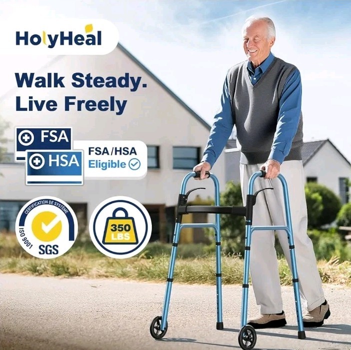 Walkers for Seniors, Folding Walker with Wheels and 2 Skis, Lightweight Rolling
