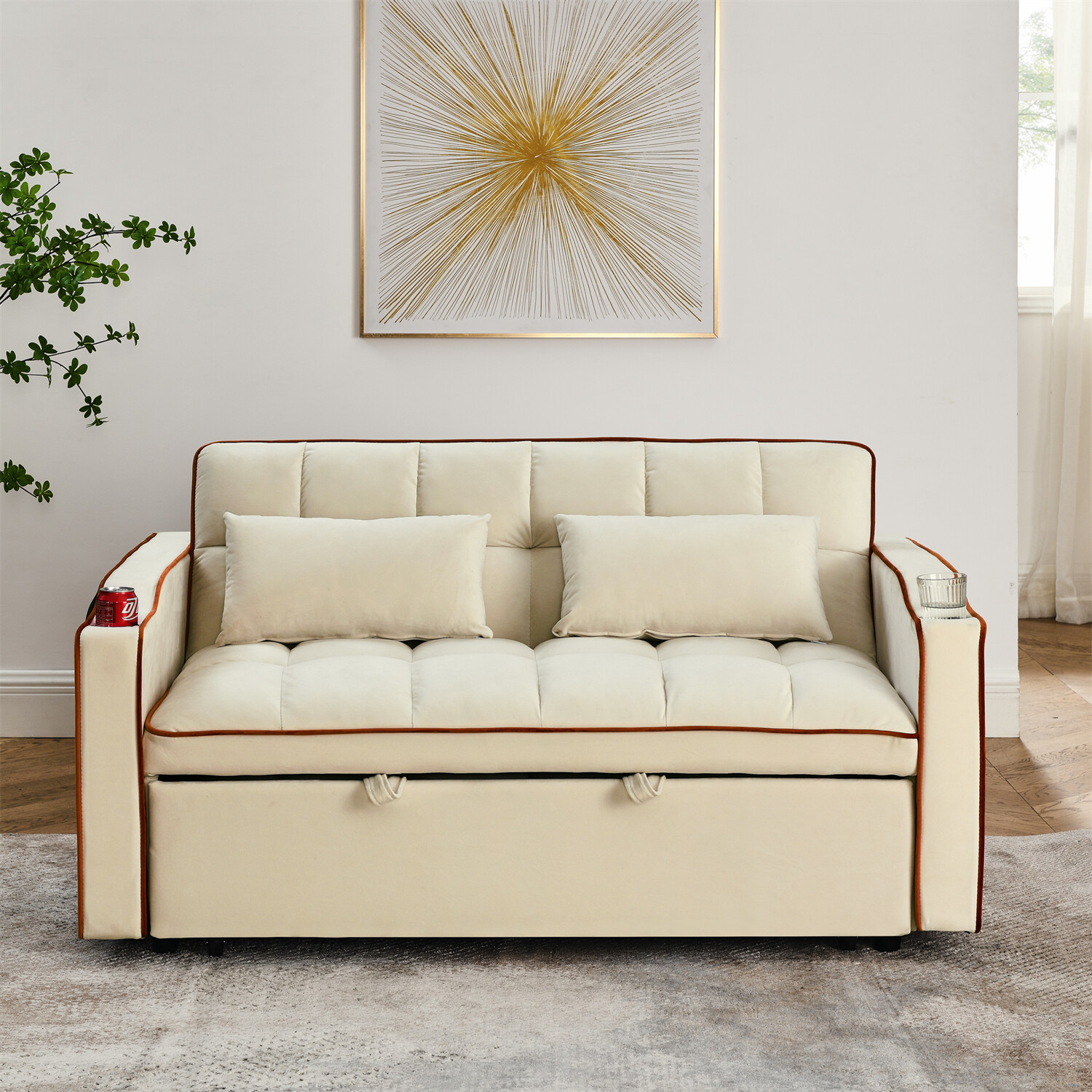 55.5" Velvet Convertible Sleeper Sofa Bed Loveseat Couch with Pull Out Bed Beige