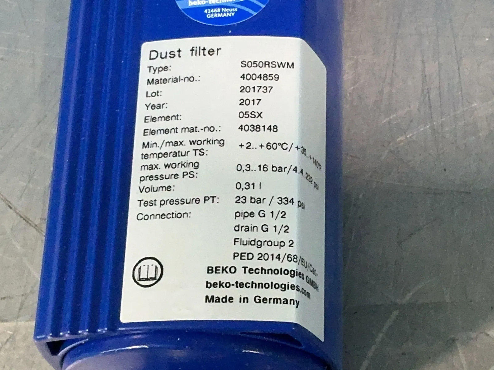 BEKO TECHNOLOGIES DUST FILTER S050RSWM