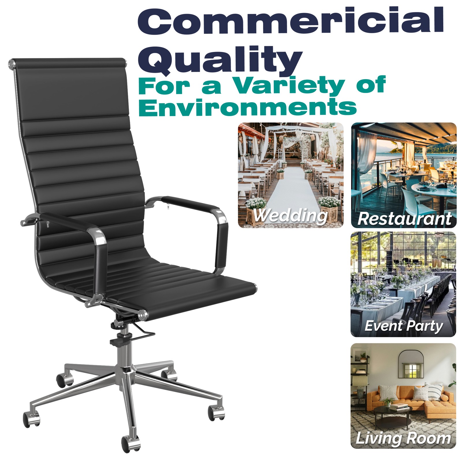 Fohfurniture  PU Leather Tall Ribbed Executive Chair with Armrests (High Back）