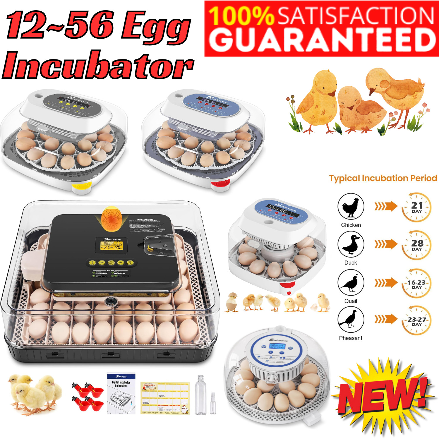 12/18/24/56 Egg Incubator with Auto Turning & 360° View for Chicken Hatching✨