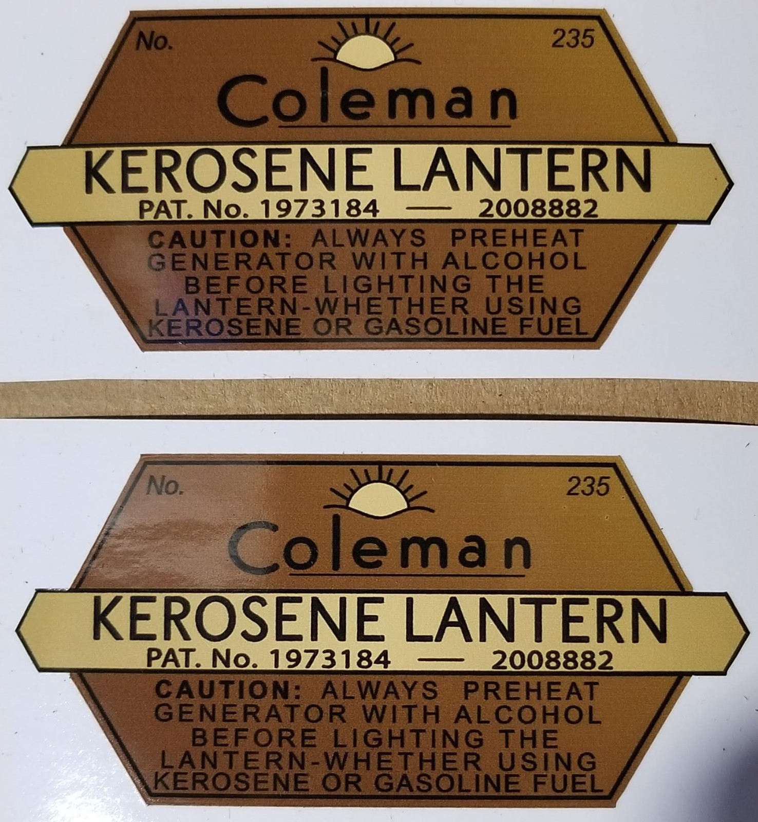 TWO (2) NEW COLEMAN 235 KEROSENE LANTERN STICKER DECAL LANTERN STOVE SMALL REPL