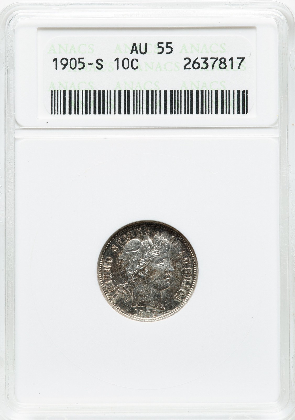 1905-S Barber Dime ANACS AU-55 "Soapbox Slab"