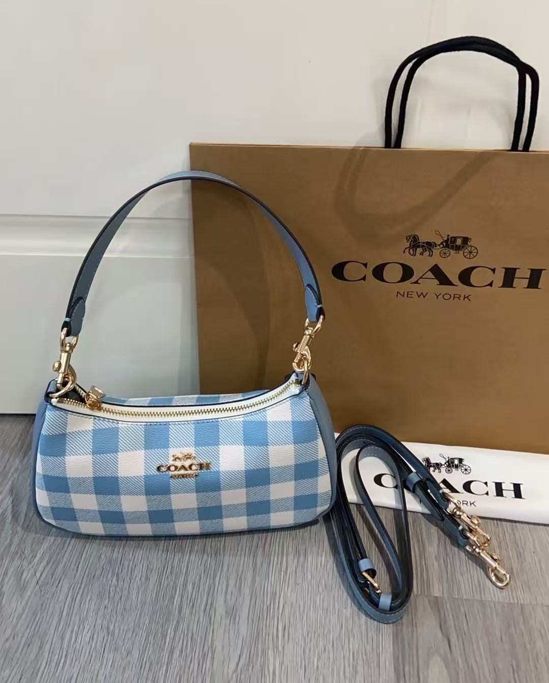 Coach Teri 24 Blue Gingham Crossbody Handbag with 2 Detachable Straps