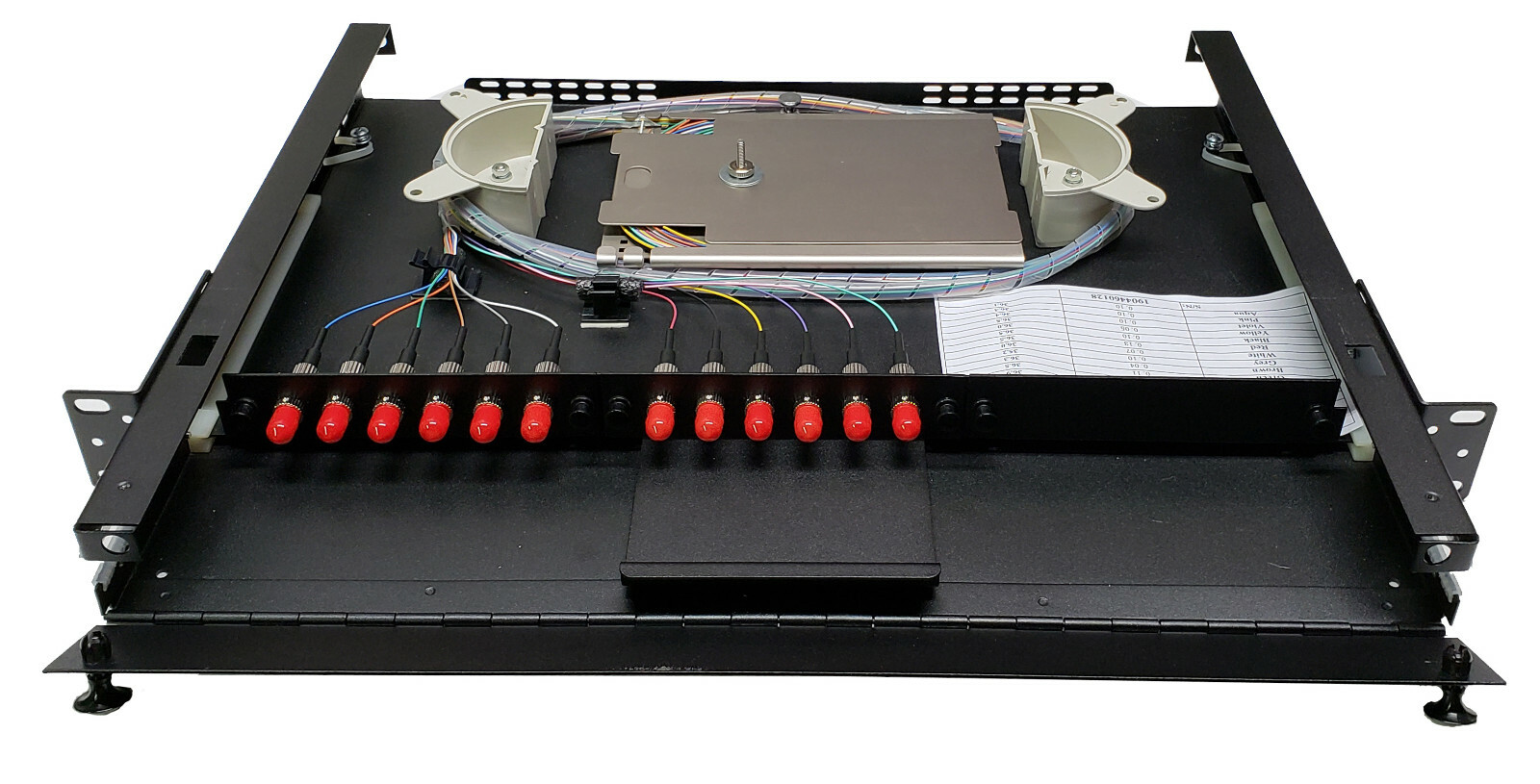 12 Fiber 1RU Rack Mount Loaded w/ 12 ST Adapters, 62.5 Multimode Pigtails & Tray