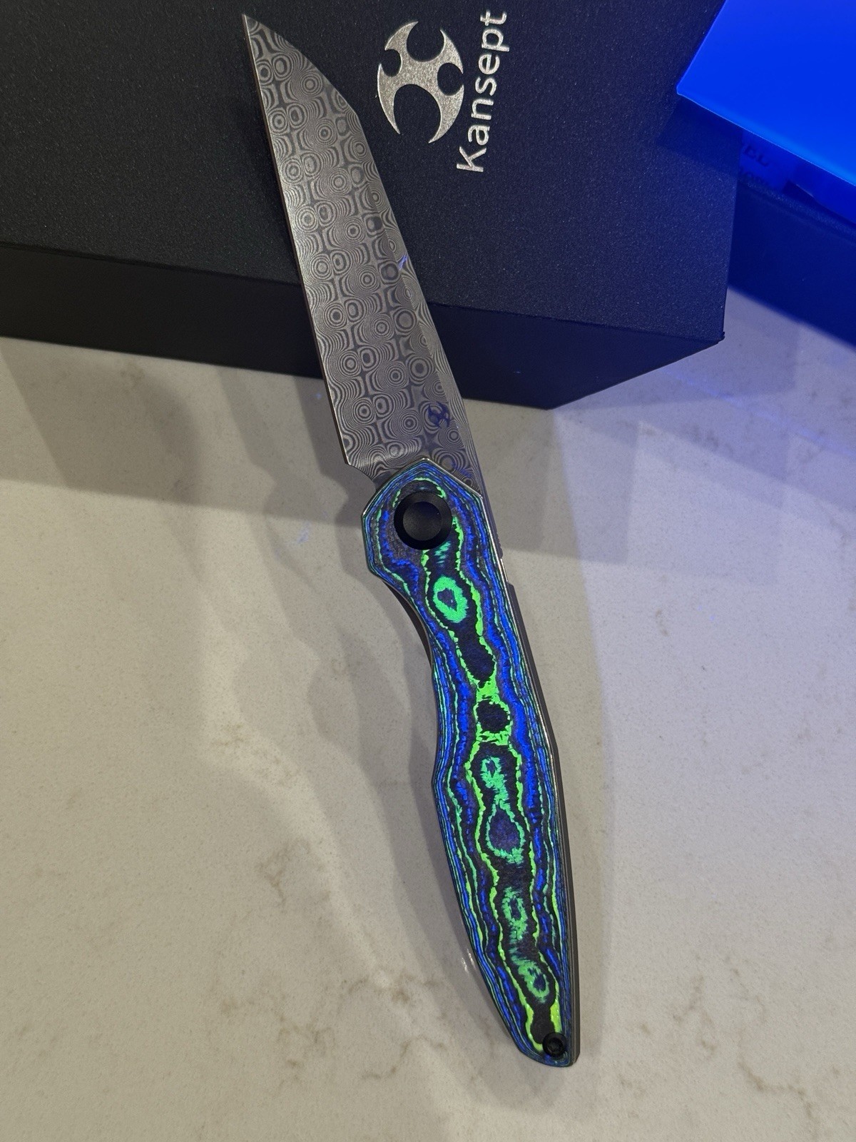 KANSEPT HALIDE | LINER LOCK | GECKO CAMO CARBON | 3.2" DAMASCUS BLADE
