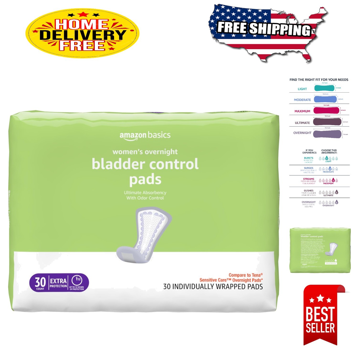 Breathable Cotton Incontinence Pads for Women - 30 Disposable Pads, FSA Eligible