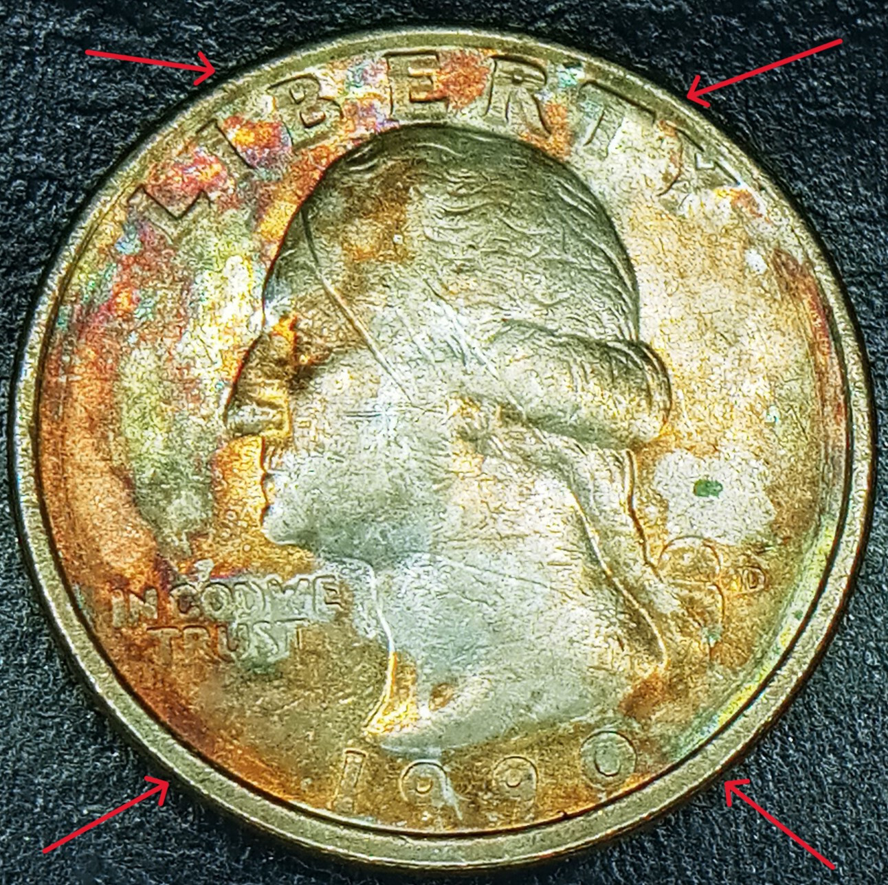 1990 D Washington Quarter Toning Both Sides Missing Clading Green Most Copper