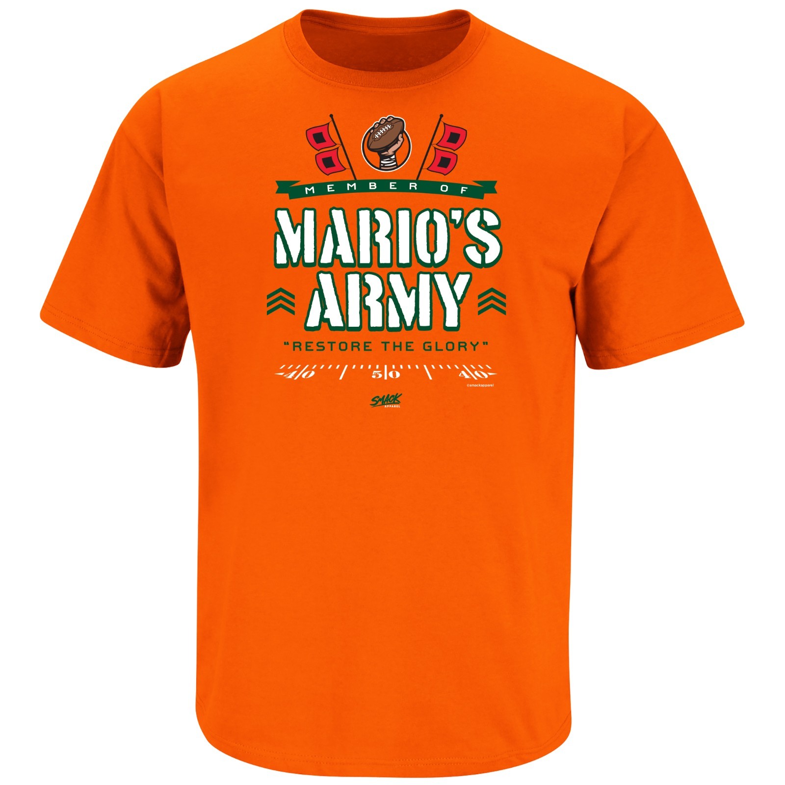 UNIVERSITY OF MIAMI HURRICANES INSPIRE MARIO'S ARMY ORANGE T-SHIRT S- 3X I SIDE