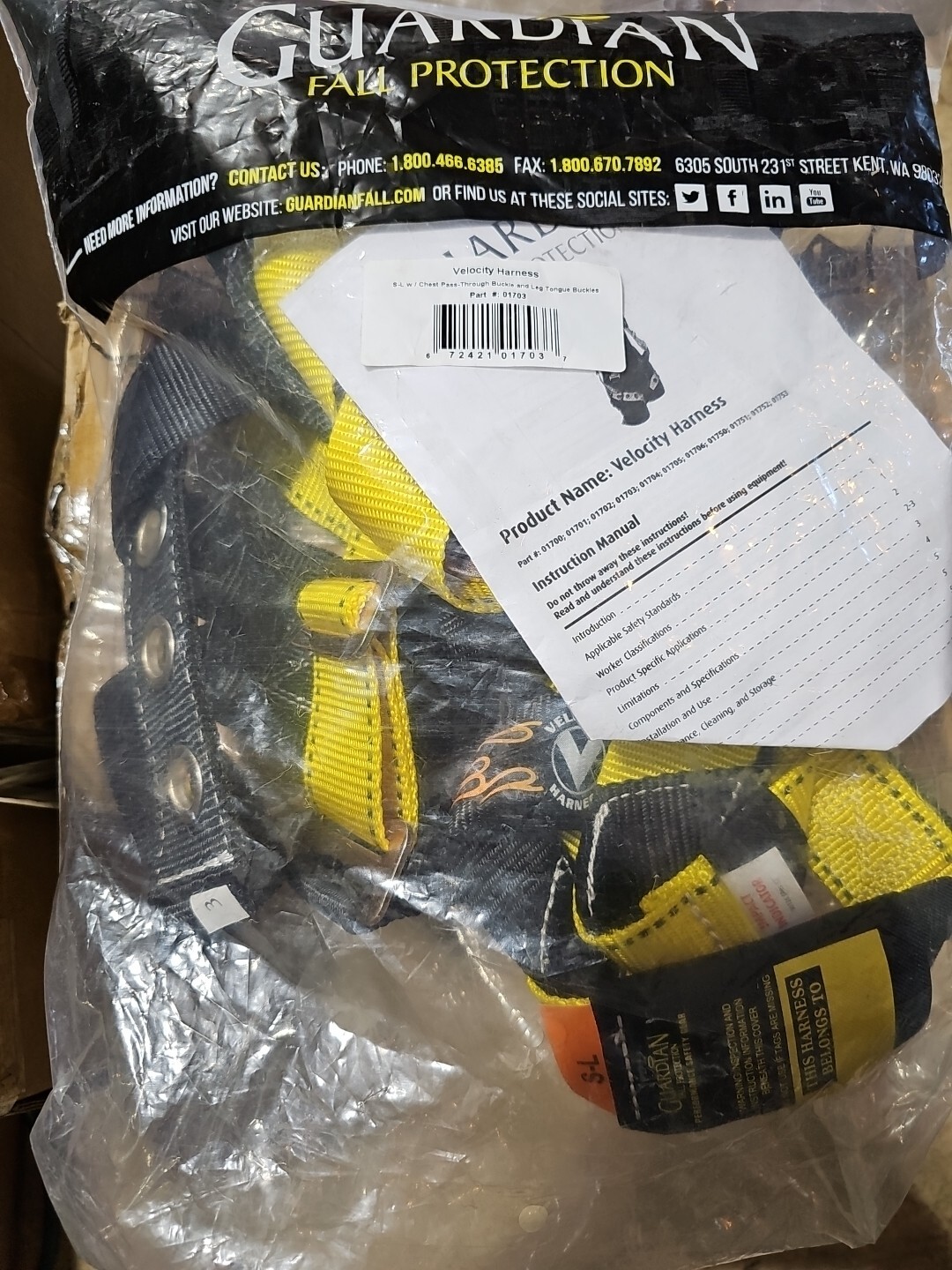 Guardian Fall Protection 01703 Velocity Harness S-L HUV Pass Thru Chest/Legs New