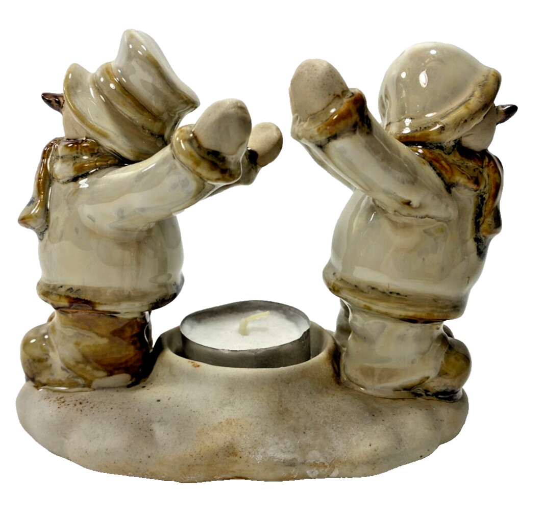 Snowmen Circle Friends Candle Holder Christmas Votive Brown 4.25”Tx5”Lx3.25”